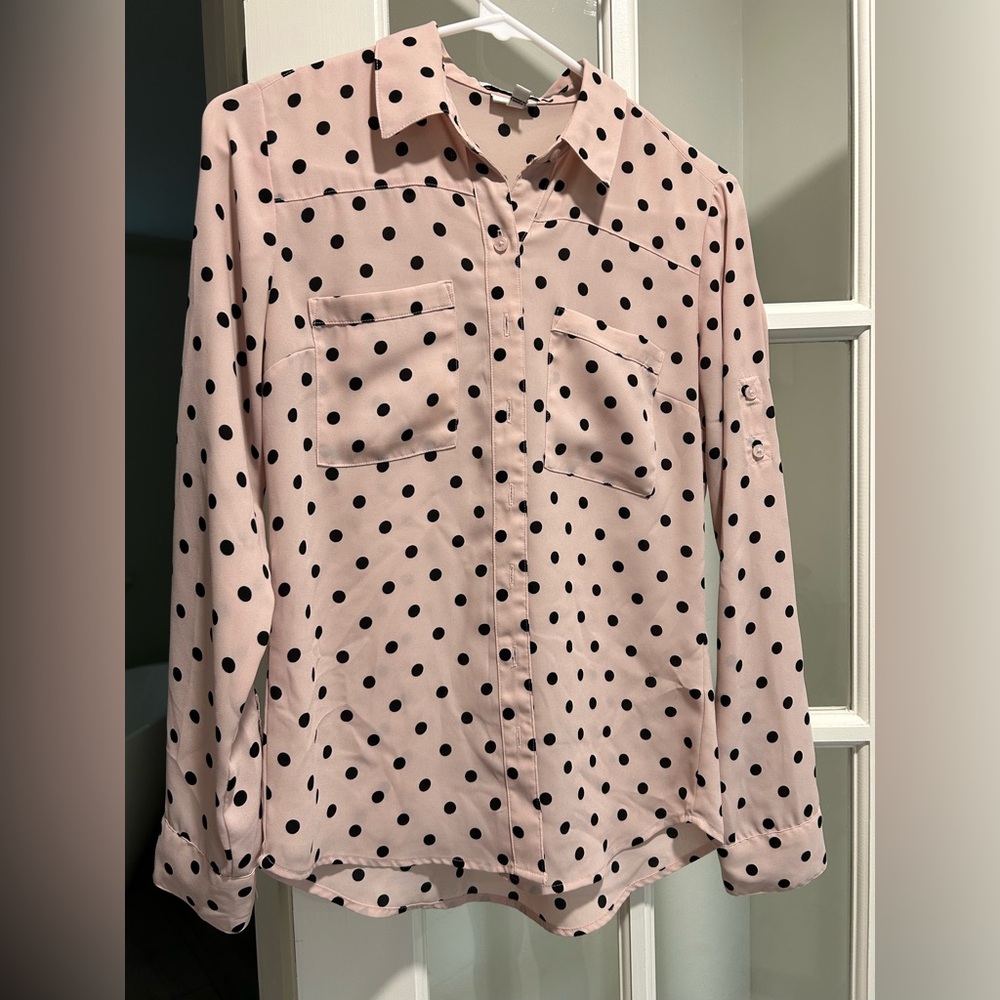 Express Original Portofino Shirt Blush Pink and Black Polka Dot Blouse - XS